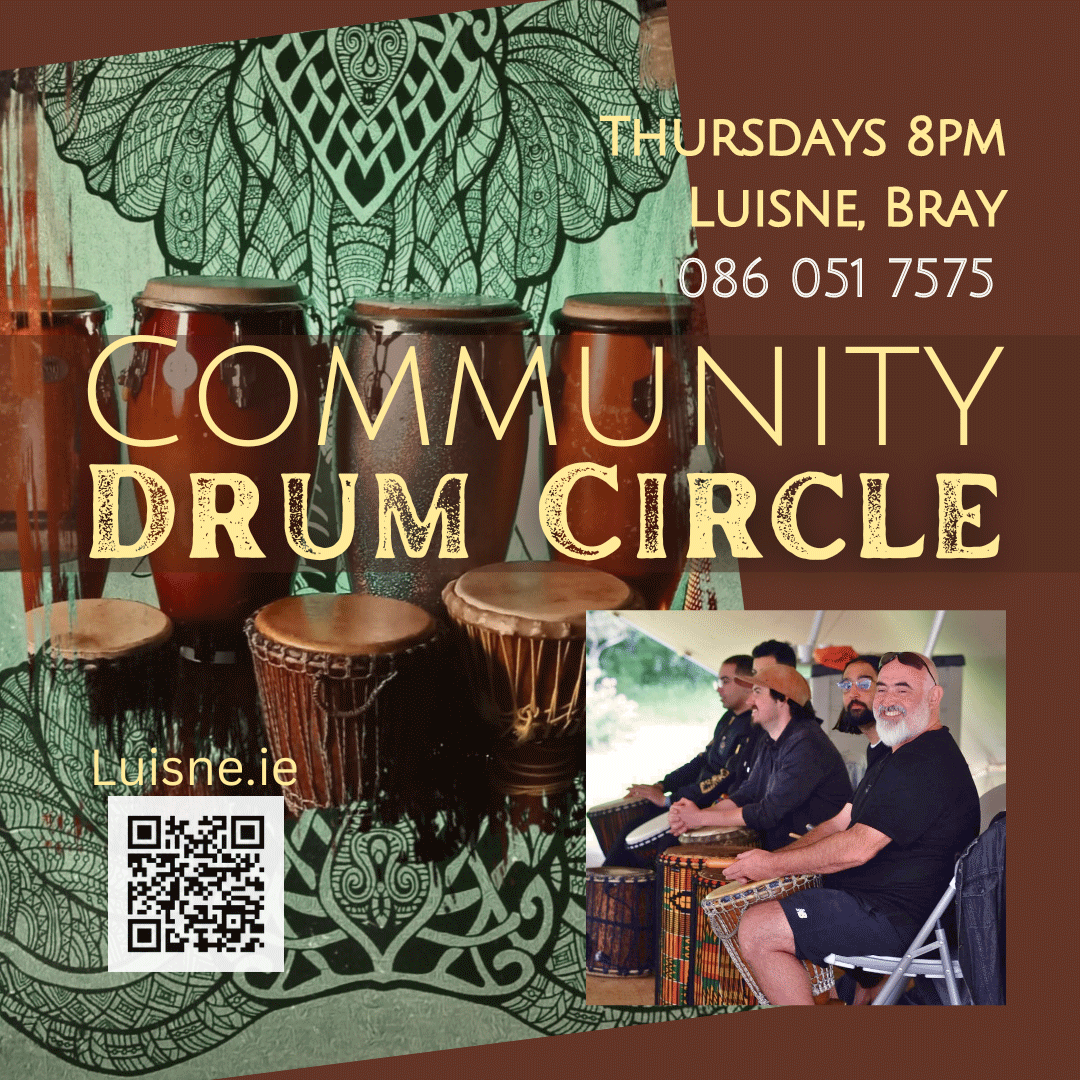Poster for community drum circle on Thursdays at Luisne